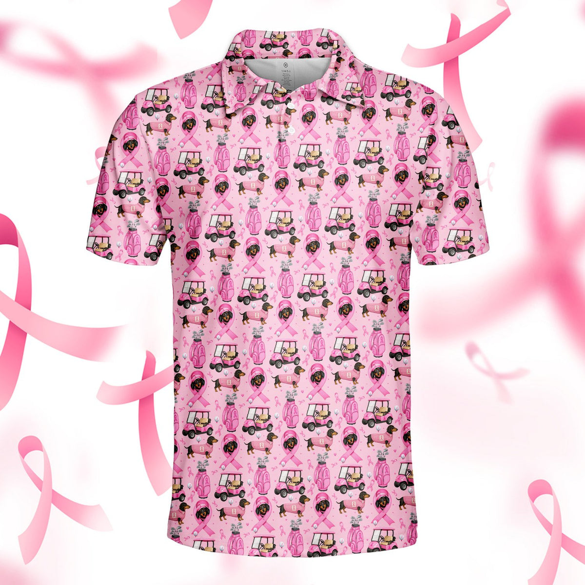 Front view of the breast cancer awareness hawaiian shirt showing dachshunds and golf bags