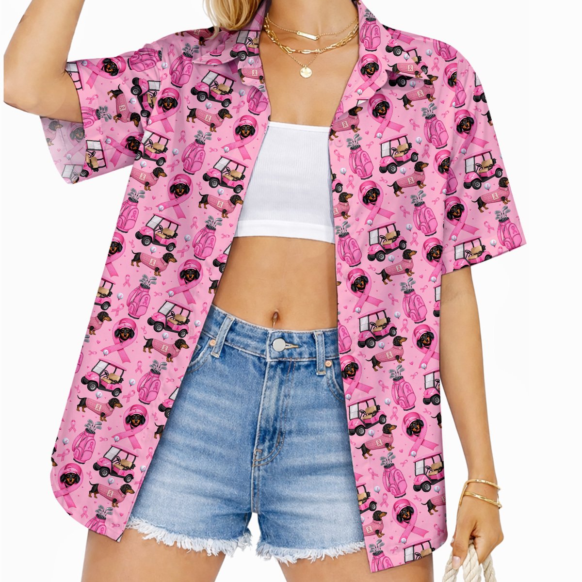 Second lifestyle view showcasing the golf and dachshund pattern on the hawaiian shirt