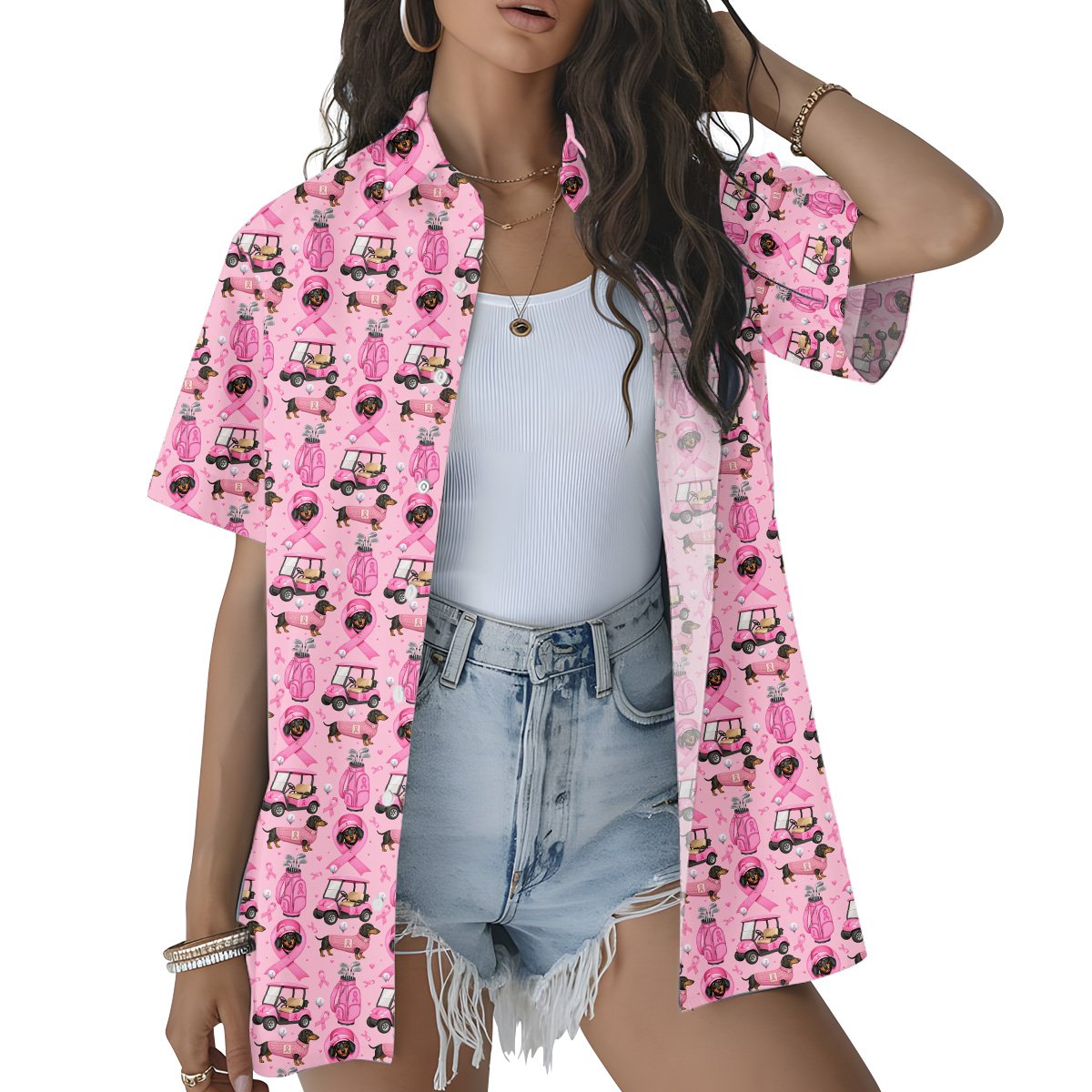 Fourth lifestyle view of the vibrant pink hawaiian shirt being worn