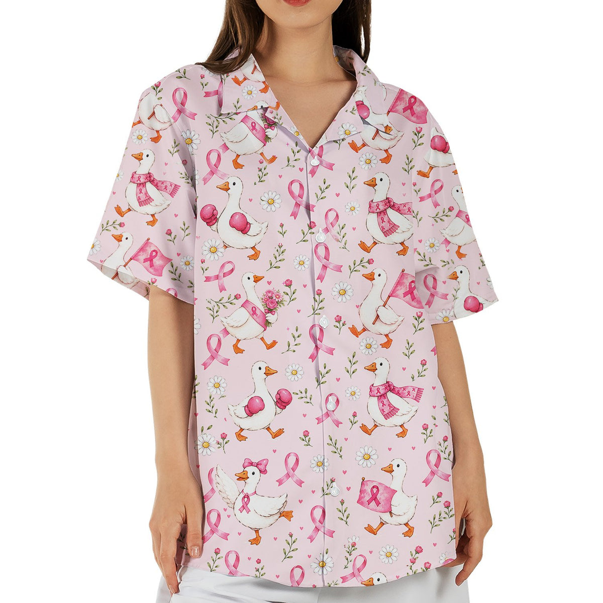 Lifestyle view of a family wearing the matching breast cancer awareness hawaiian shirts
