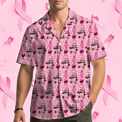 Lifestyle view of a person wearing the pink breast cancer awareness hawaiian shirt