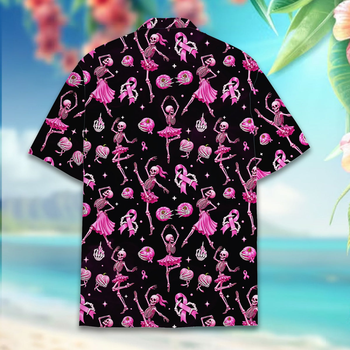 Another back view of the black and pink skeleton shirt