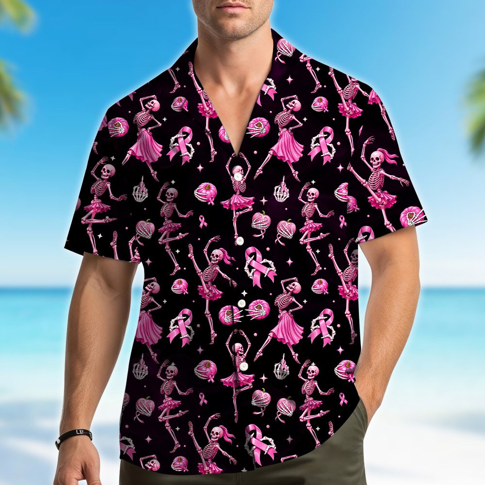 Another front view of the black hawaiian shirt with pink tutus