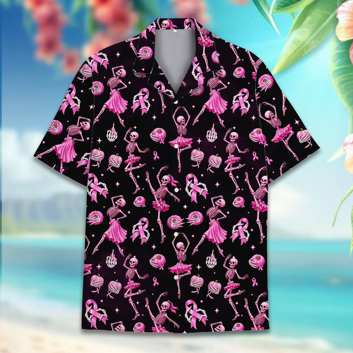 Detailed front view of the breast cancer awareness hawaiian shirt