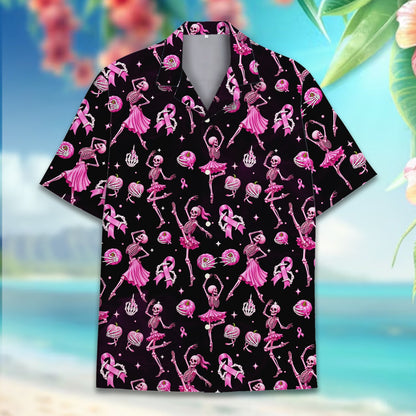 Detailed front view of the breast cancer awareness hawaiian shirt