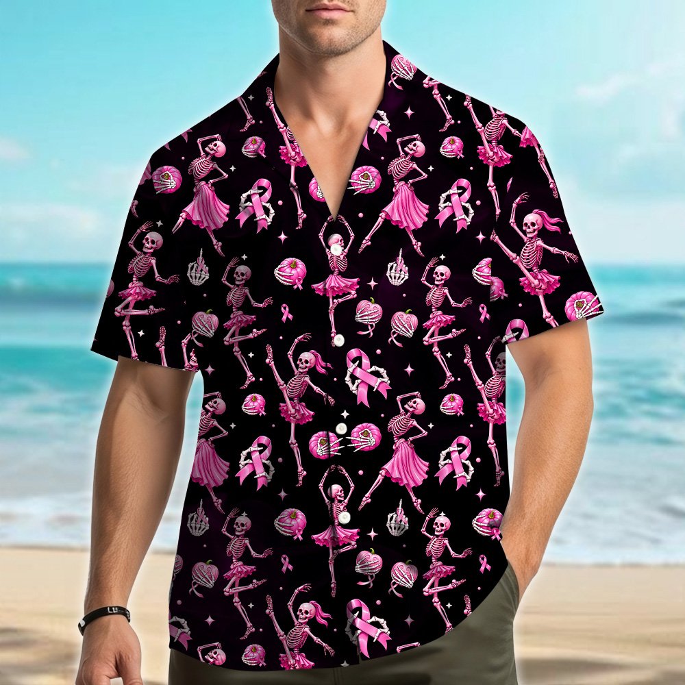 Front view of the breast cancer awareness skeletons hawaiian shirt