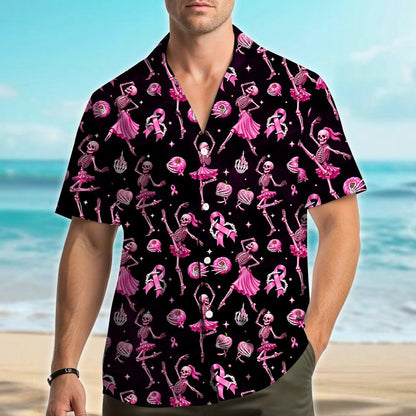Front view of the breast cancer awareness skeletons hawaiian shirt