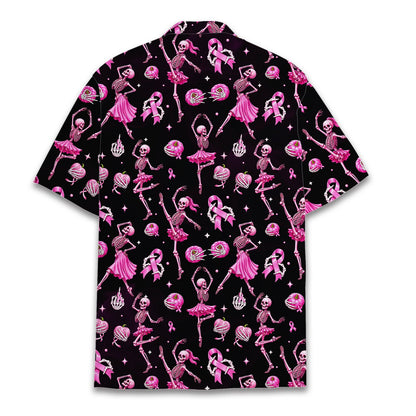 Lifestyle view of the breast cancer awareness skeletons hawaiian shirt