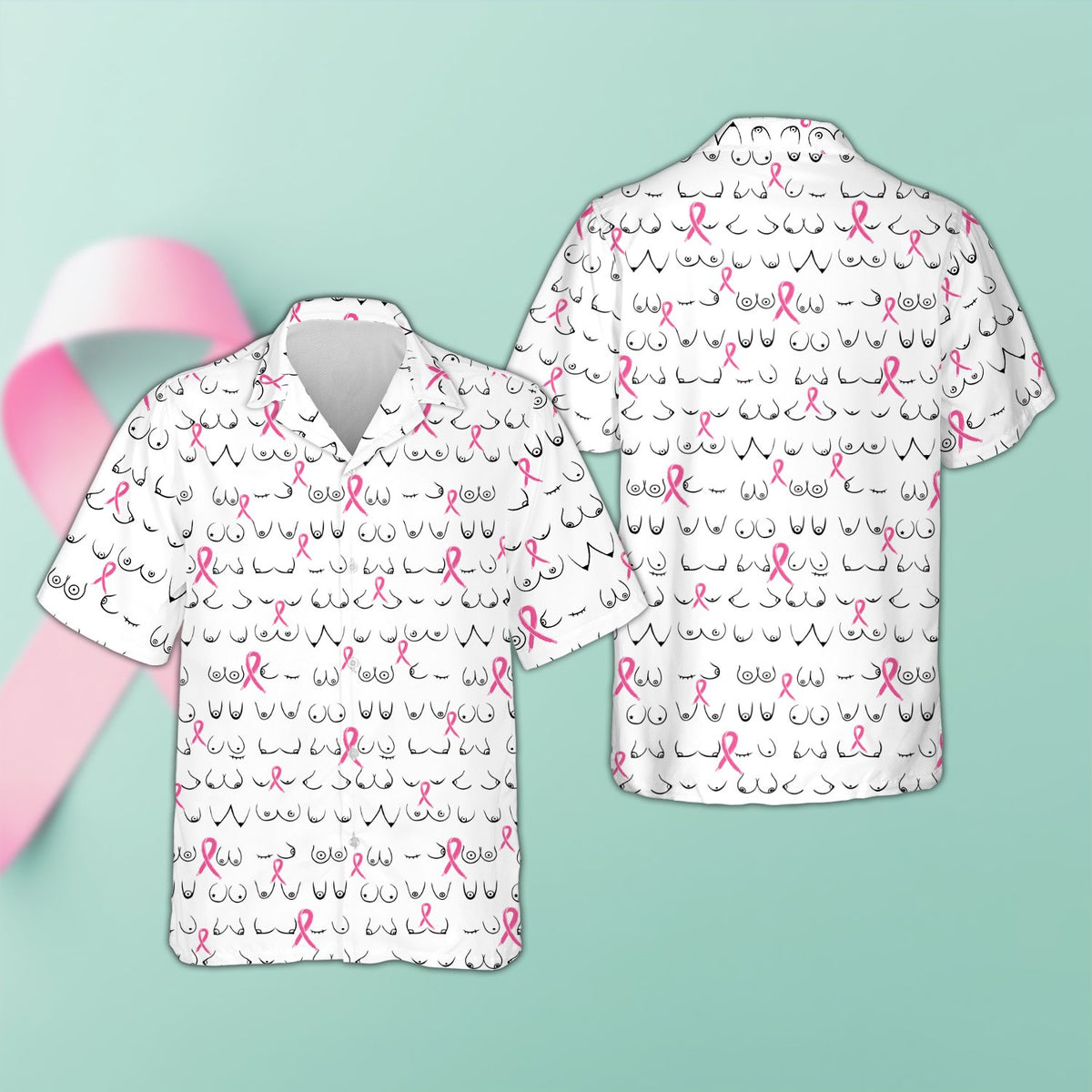 Family matching breast cancer awareness hawaiian shirt in white, front view