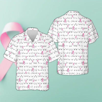 Family matching breast cancer awareness hawaiian shirt in white, front view