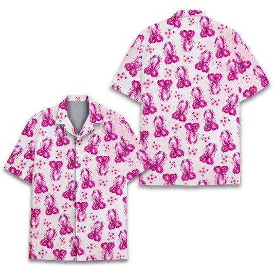 Front view of a breast cancer awareness hawaiian shirt featuring pink ribbons and florals on a white background