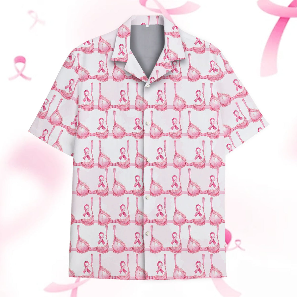 White hawaiian shirt with pink ribbon design, main view