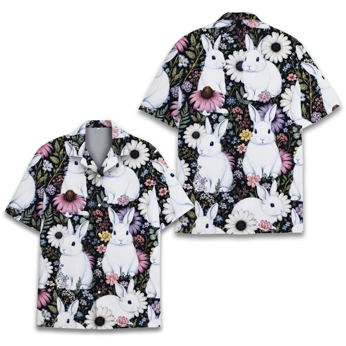 Front view of bunny floral hawaiian shirt with colorful flowers on black background