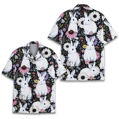 Front view of bunny floral hawaiian shirt with colorful flowers on black background