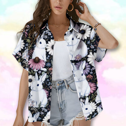 Lifestyle shot featuring the easter hawaiian shirt with white rabbits and daisies