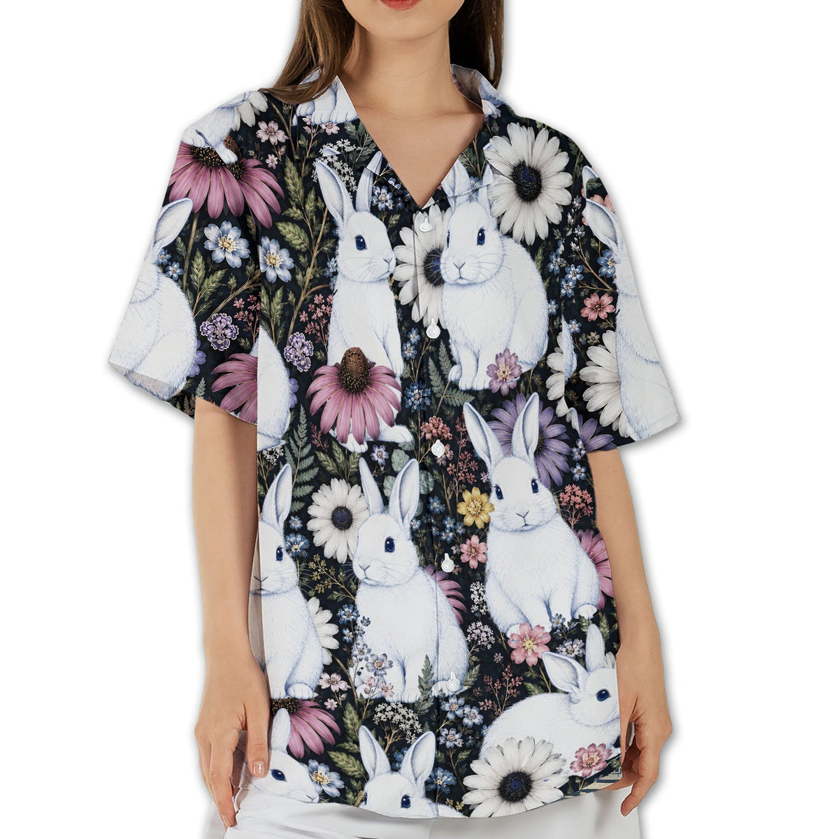 Lifestyle view of the bunny floral hawaiian shirt during an easter gathering