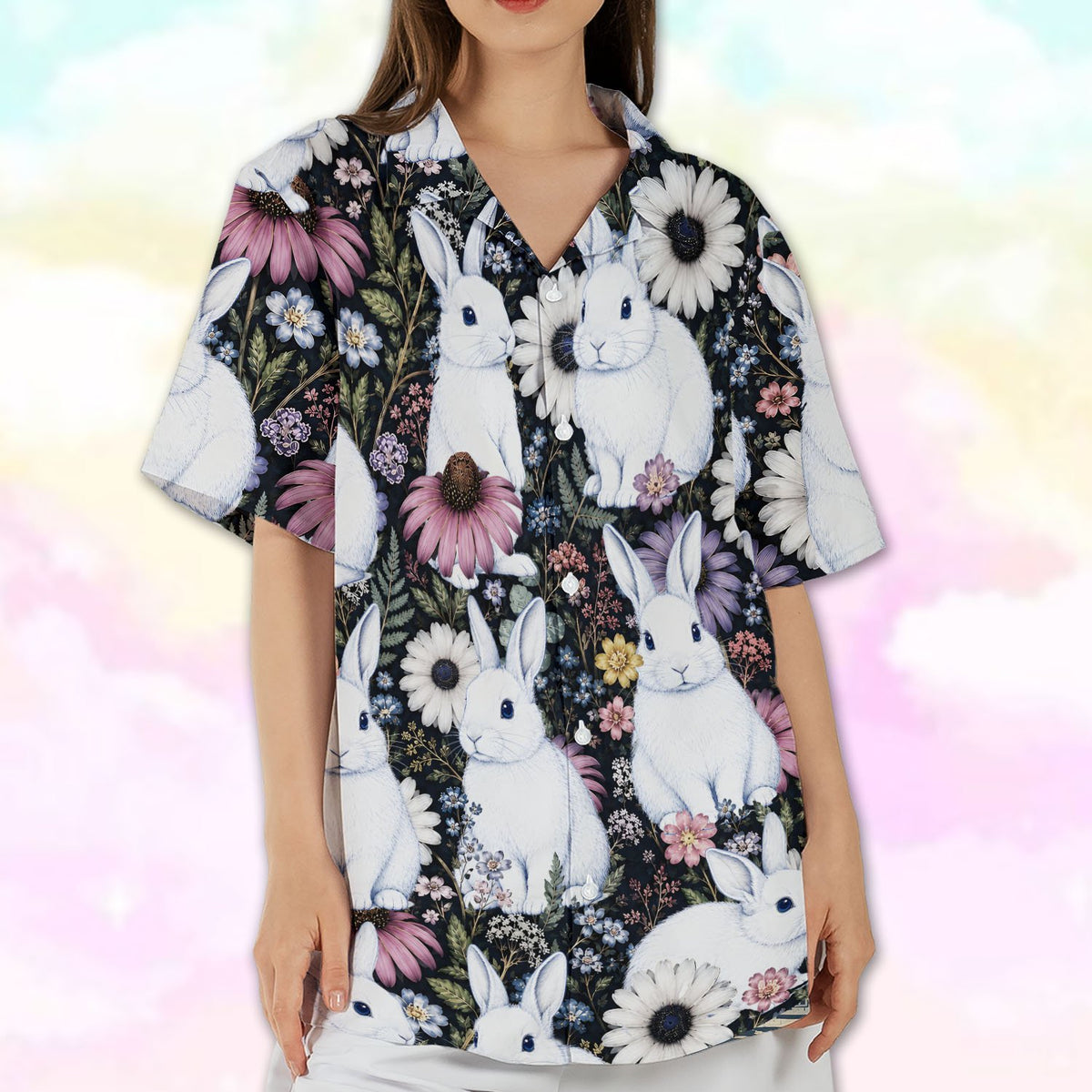Outdoor lifestyle shot showcasing the vibrant flower and rabbit print