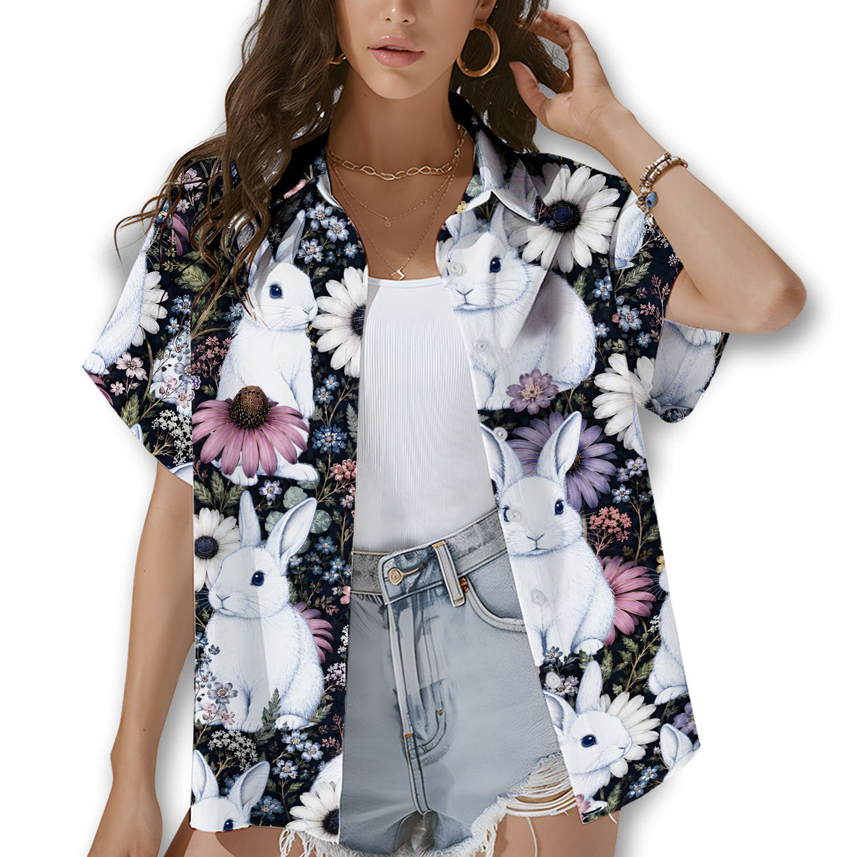 Lifestyle view of matching family hawaiian shirts in bunny floral design outdoors