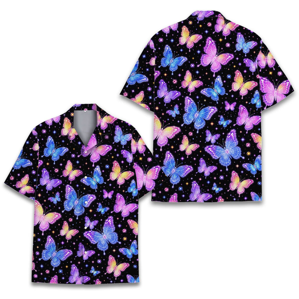 Black butterflies hawaiian shirt featuring glowing colorful butterflies on a dark background, front view