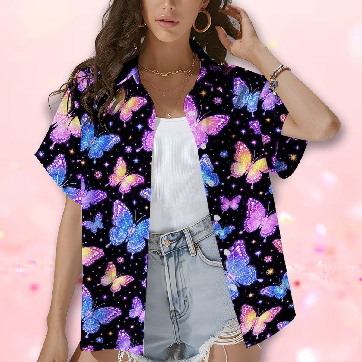 Lifestyle shot of the glowing butterflies hawaiian shirt in a casual setting
