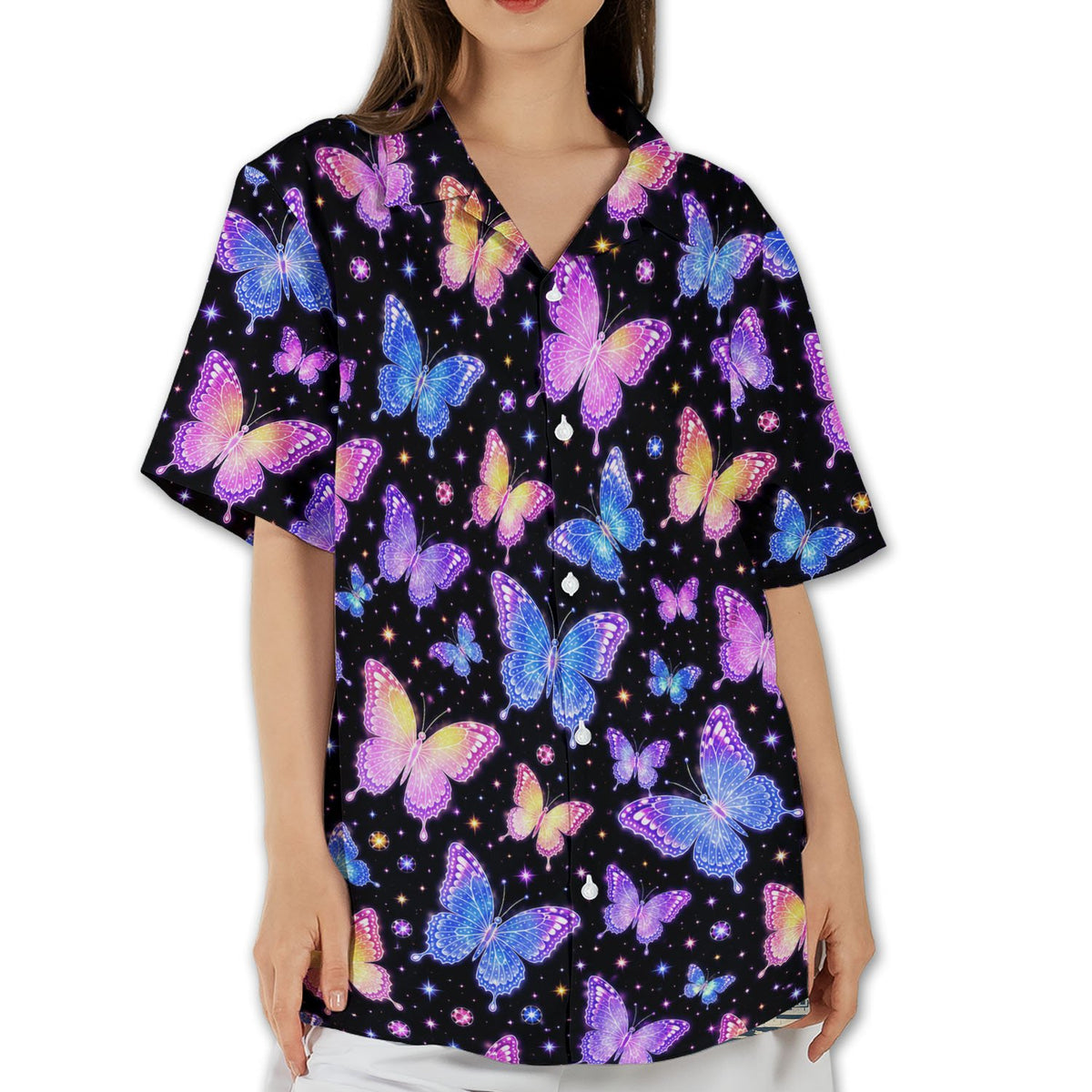 Person modeling the black butterflies hawaiian shirt in a bright setting