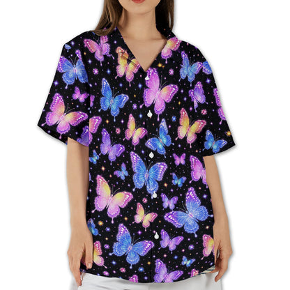 Person modeling the black butterflies hawaiian shirt in a bright setting