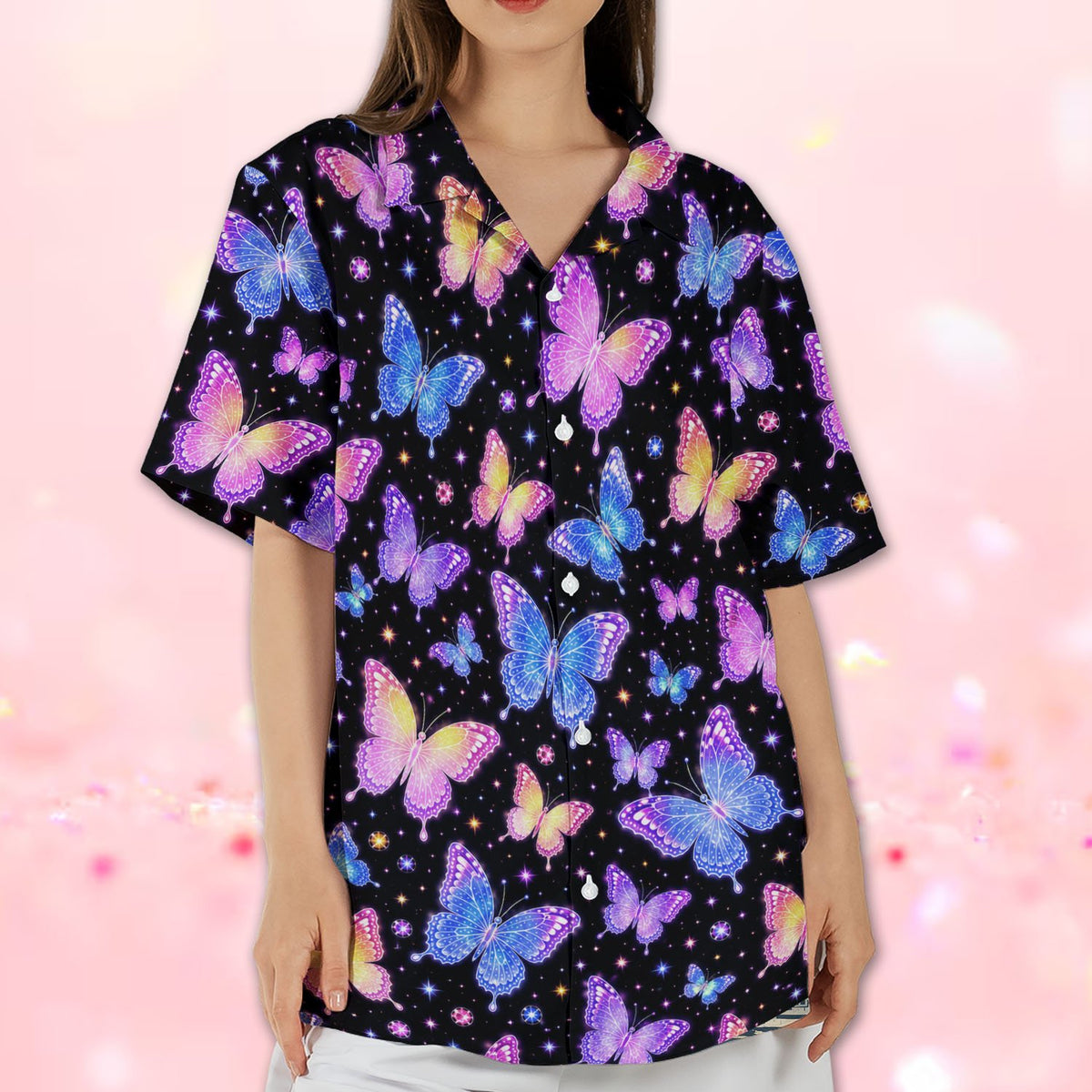 Back view lifestyle shot showing the continuous butterfly and star pattern