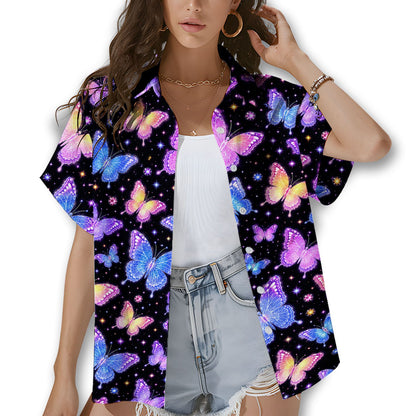 Lifestyle view of an adult wearing the matching family hawaiian shirts outdoors