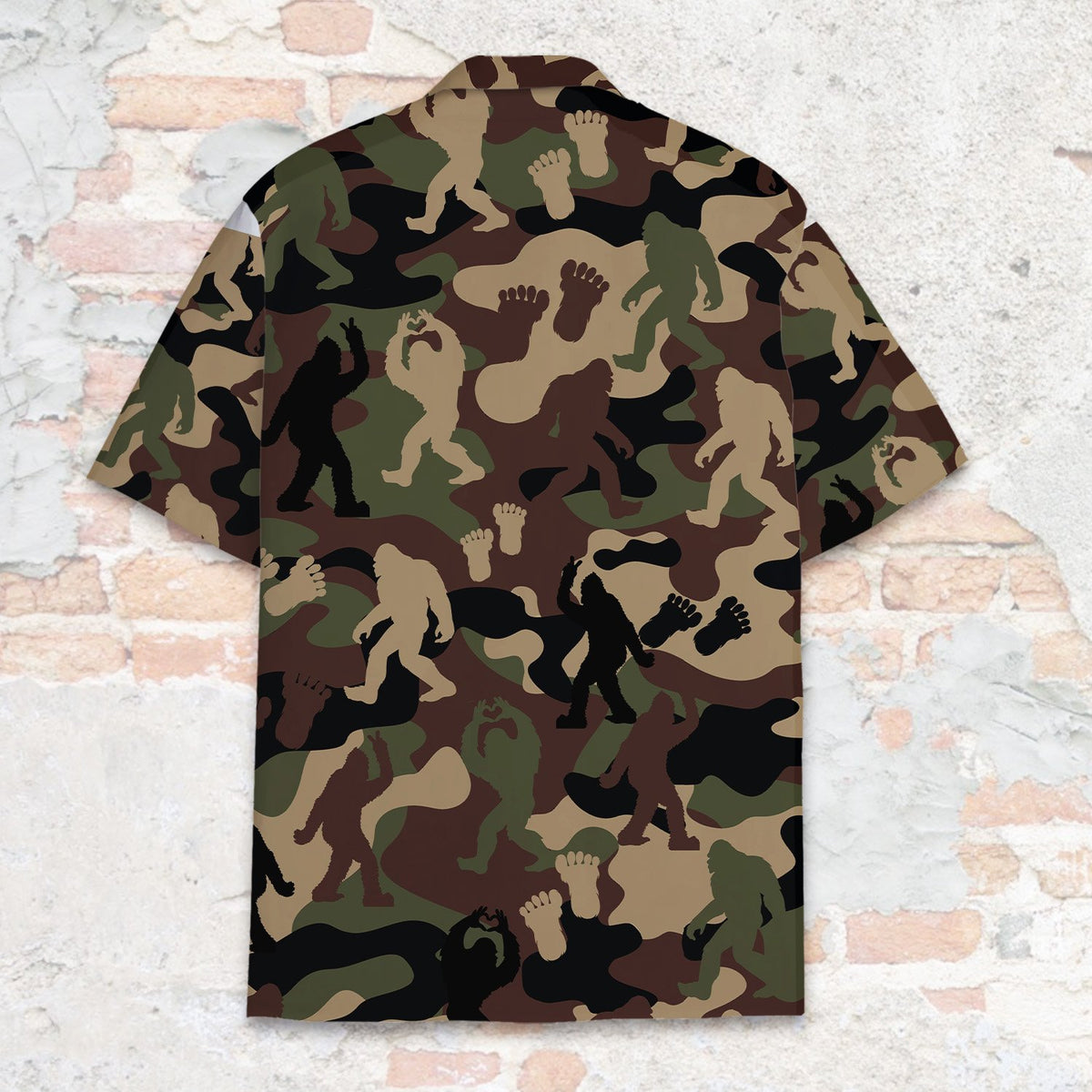 Close up back view of brown camo hawaiian shirt