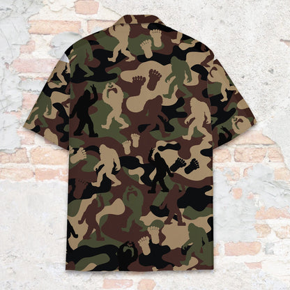 Close up back view of brown camo hawaiian shirt