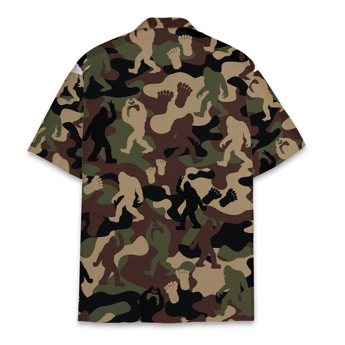 Back view of camo bigfoot hawaiian shirt