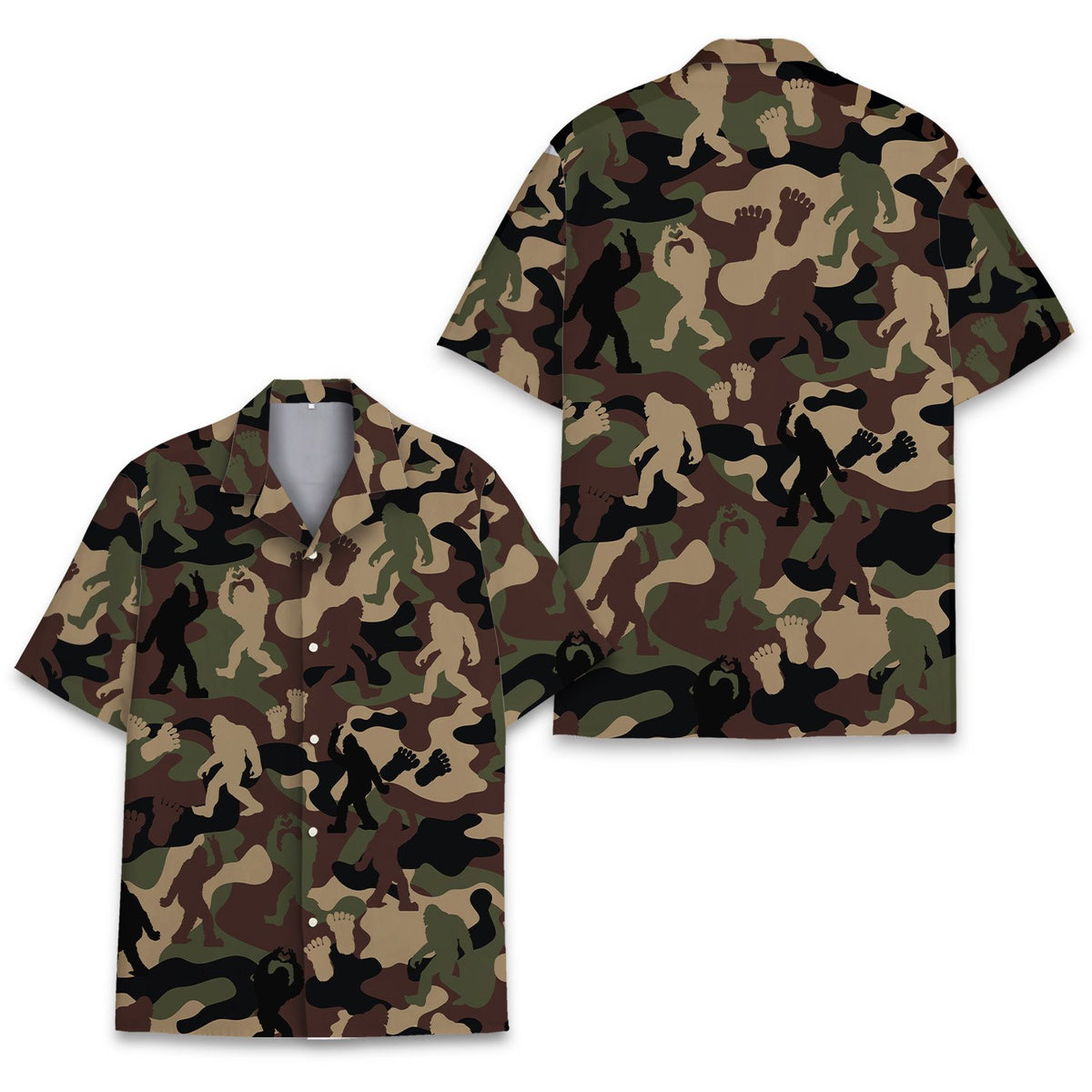 Close up front view of camo hawaiian shirt with bigfoot silhouettes