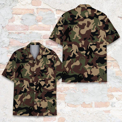 Detailed front view of matching family hawaiian shirts in camo design