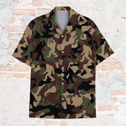 Front of camo bigfoot hawaiian shirt with brown and green pattern