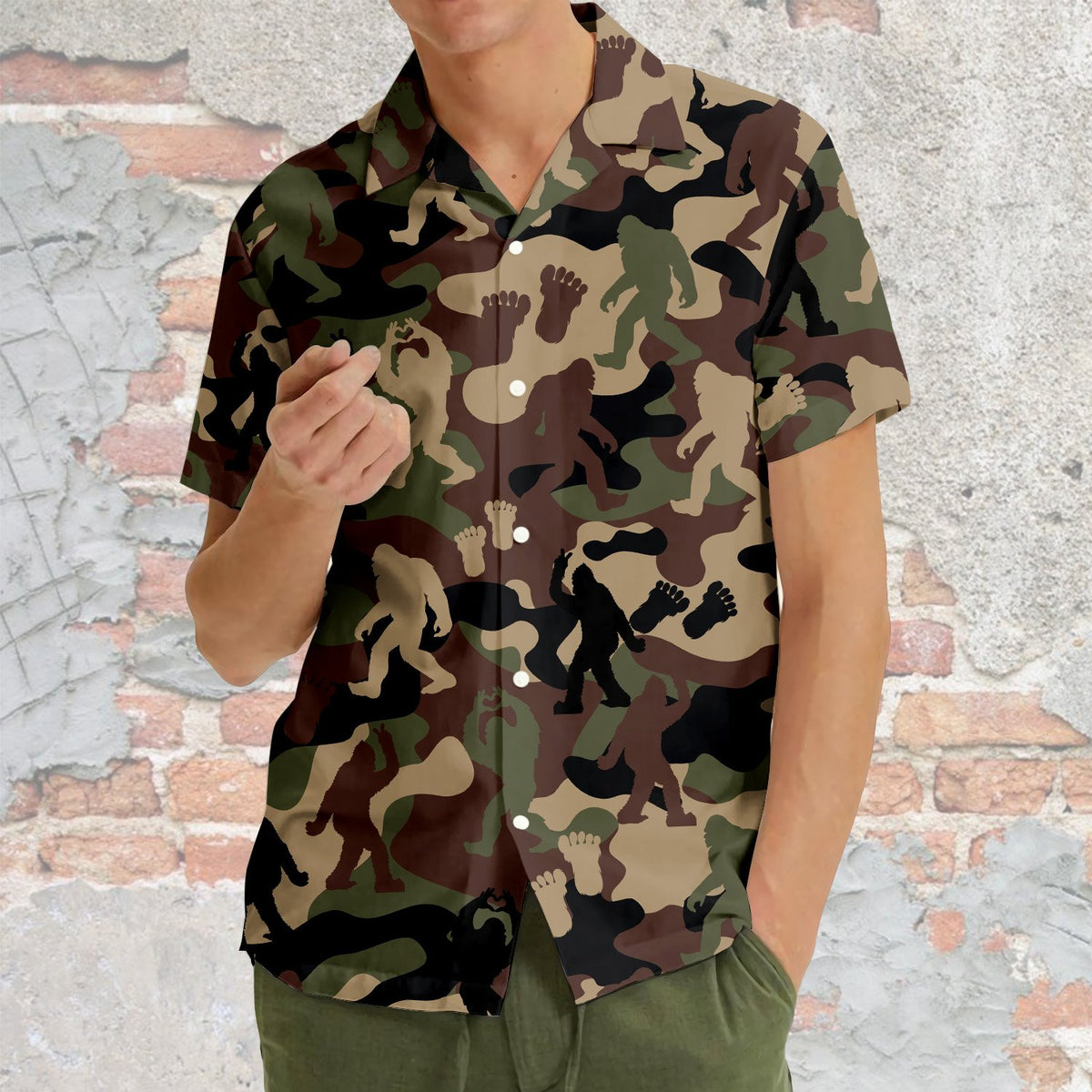 Lifestyle shot of camo bigfoot hawaiian shirt