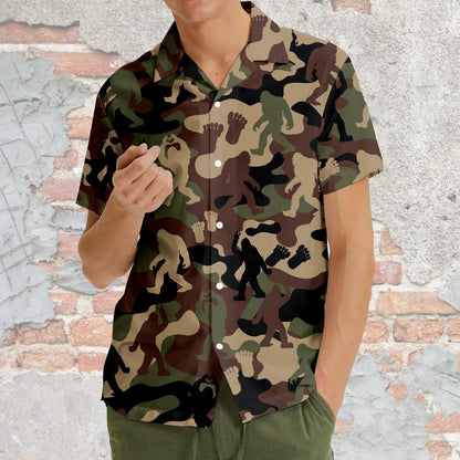 Lifestyle shot of camo bigfoot hawaiian shirt