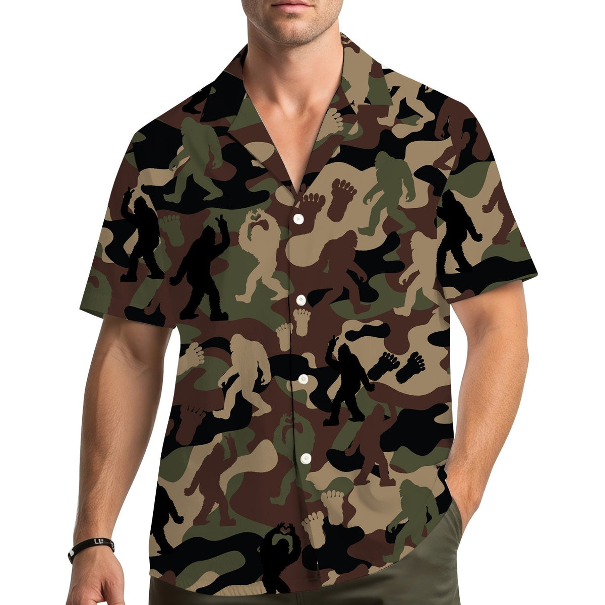 Lifestyle view of matching family hawaiian shirts in camo print