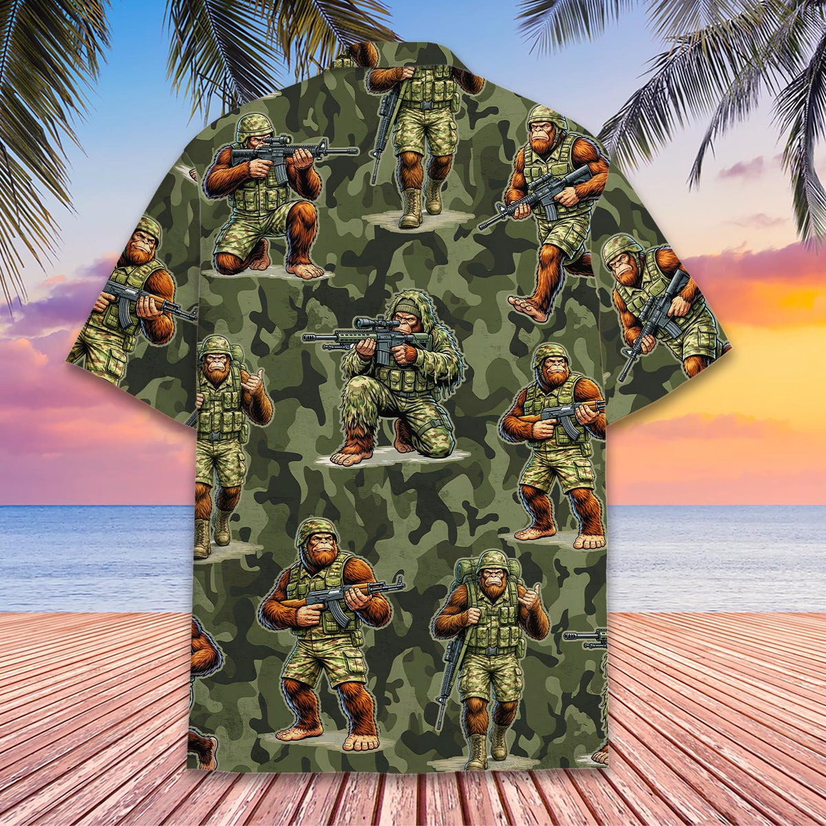 Back view of the camo bigfoot soldier hawaiian shirt