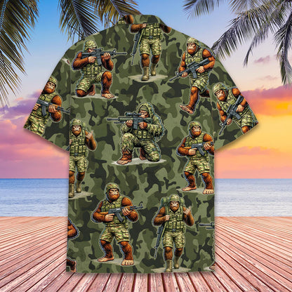 Back view of the camo bigfoot soldier hawaiian shirt