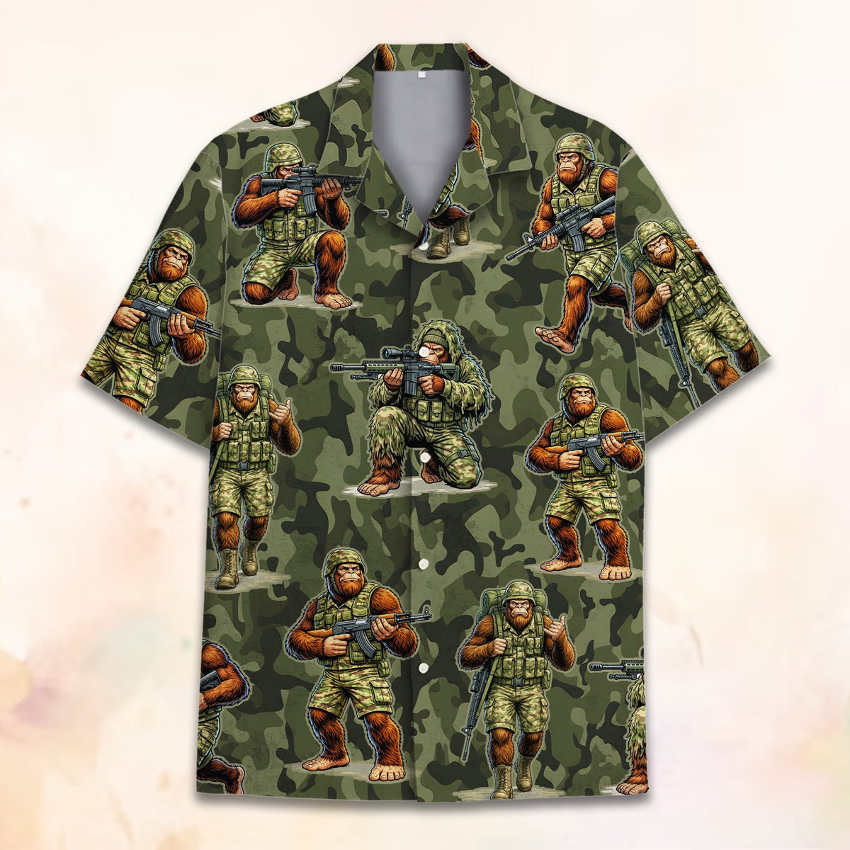 Close up front view of the camo hawaiian shirt