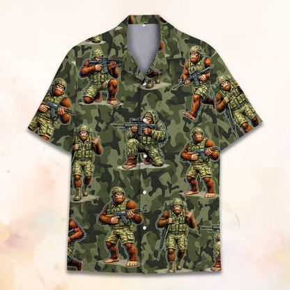 Close up front view of the camo hawaiian shirt