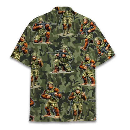 Third lifestyle view of the camo hawaiian shirt