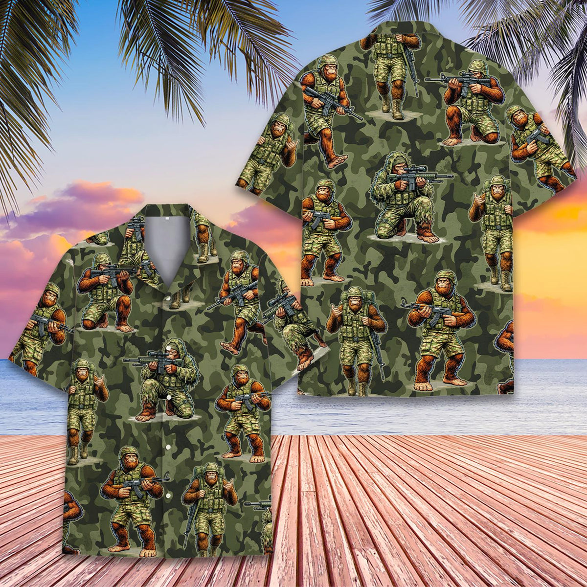 Fifth lifestyle view of the camo bigfoot hawaiian shirt