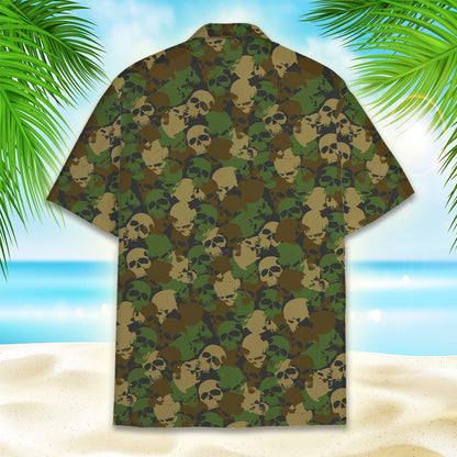 Back view of the hawaiian camo shirt with skull pattern
