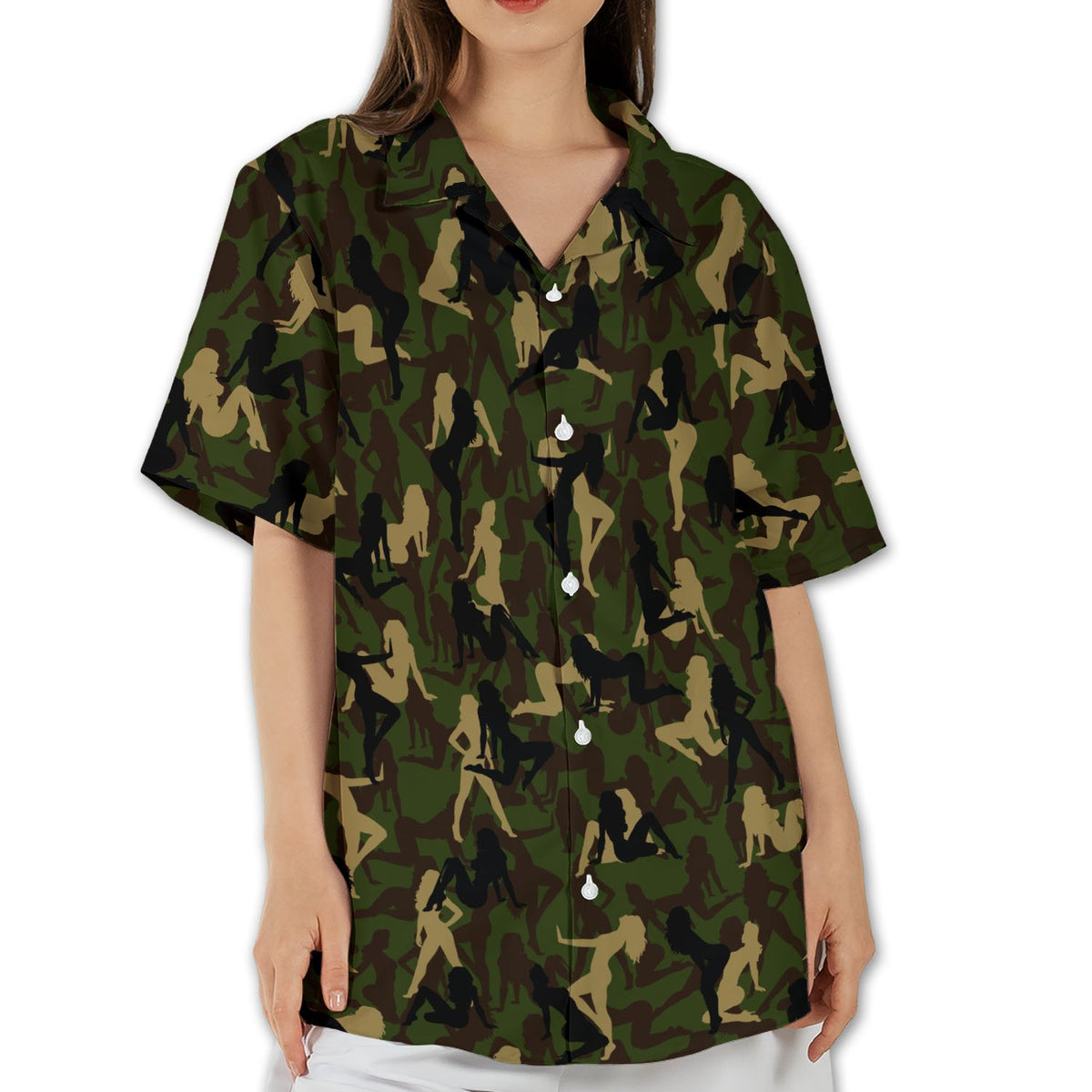 Back view of the green camo hawaiian shirt