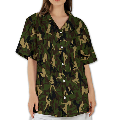 Back view of the green camo hawaiian shirt