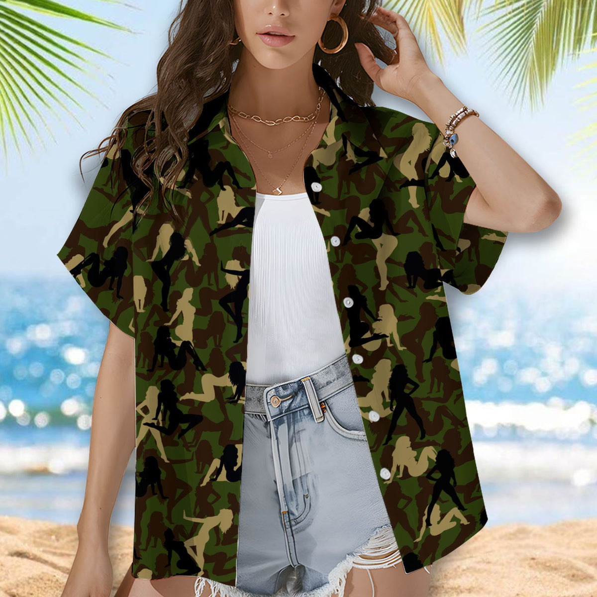 Close up front view of the camo hawaiian shirt