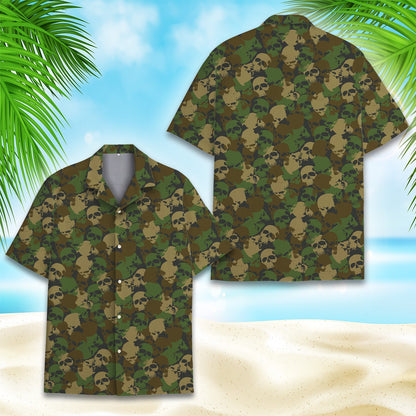 Close-up front view of the skull camouflage hawaiian shirt