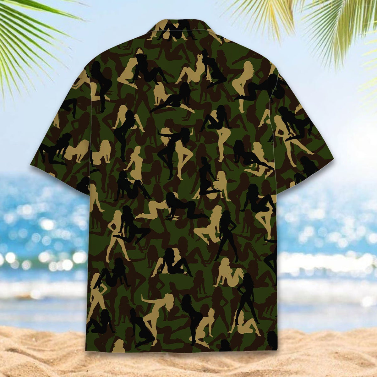 Detailed front view of the green camo hawaiian shirt
