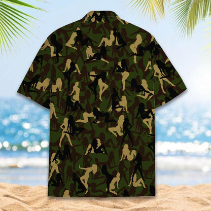 Detailed front view of the green camo hawaiian shirt